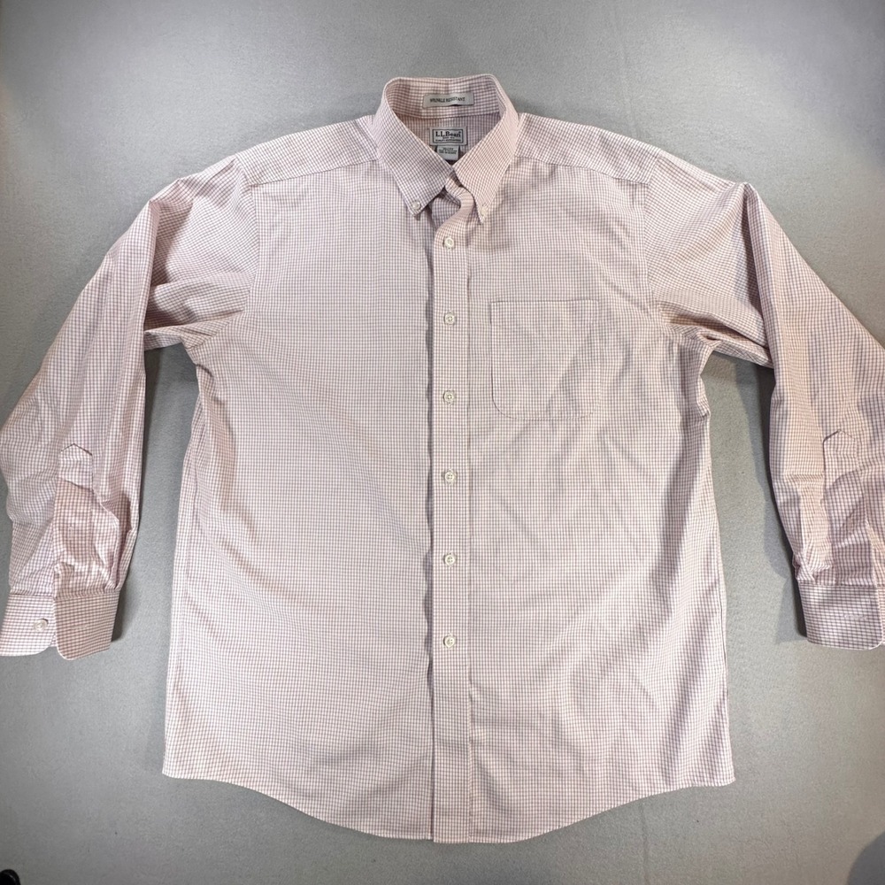 LL Bean Mens Wrinkle Resistant Red White Check Button Down Shirt 15.5 33 262253